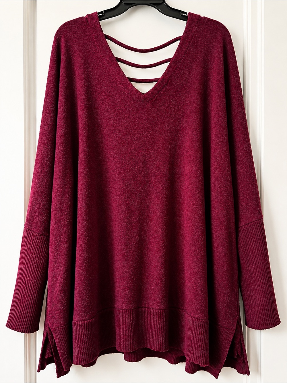 Boutique 3X Burgundy Criss Cross Back Sweater Tunic Oversized Cozy Top Curvy